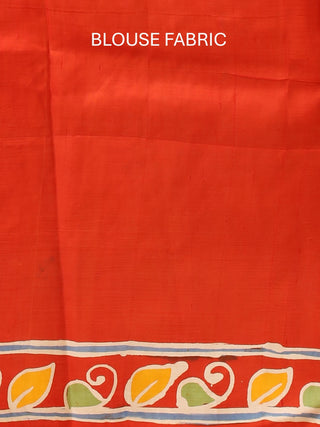 Cream And Red Murshidabad Silk Saree with Kantha Embroidery & Hand Batik
