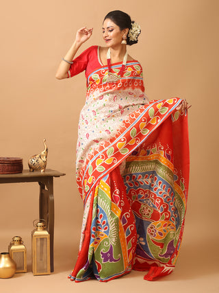 Cream And Red Murshidabad Silk Saree with Kantha Embroidery & Hand Batik