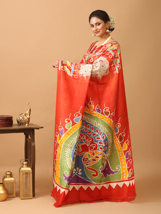 Cream And Red Murshidabad Silk Saree with Kantha Embroidery & Hand Batik