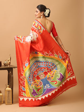 Cream And Red Murshidabad Silk Saree with Kantha Embroidery & Hand Batik