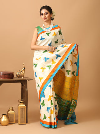 Cream Murshidabad Pure Silk Saree with Hand Kantha Embroidery & Block Prints