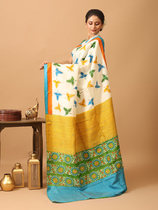 Cream Murshidabad Pure Silk Saree with Hand Kantha Embroidery & Block Prints