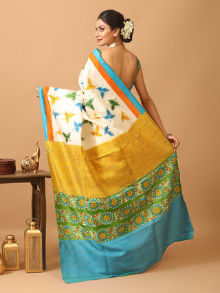 Cream Murshidabad Pure Silk Saree with Hand Kantha Embroidery & Block Prints