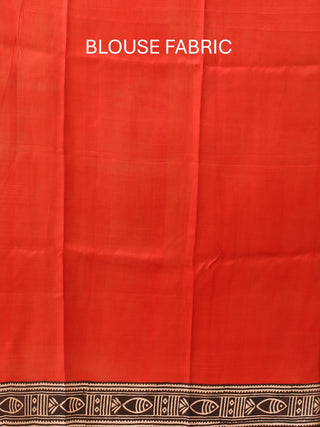 Red Murshidabad Pure Silk Saree with Fish Motif Kantha Embroidery & Block Prints
