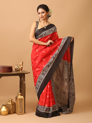 Red Murshidabad Pure Silk Saree with Fish Motif Kantha Embroidery & Block Prints