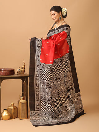 Red Murshidabad Pure Silk Saree with Fish Motif Kantha Embroidery & Block Prints