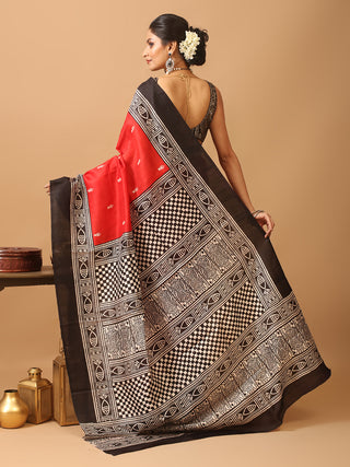 Red Murshidabad Pure Silk Saree with Fish Motif Kantha Embroidery & Block Prints