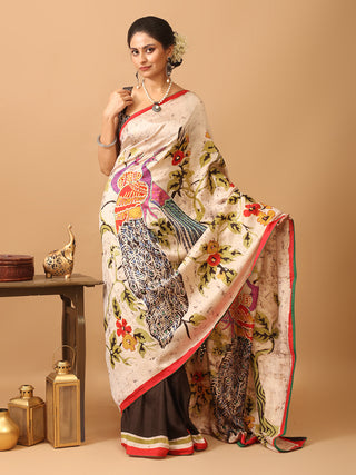 Cream And Black Murshidabad Pure Silk Saree with Hand Batik & Aari Embroidery