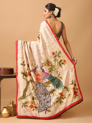 Cream And Black Murshidabad Pure Silk Saree with Hand Batik & Aari Embroidery
