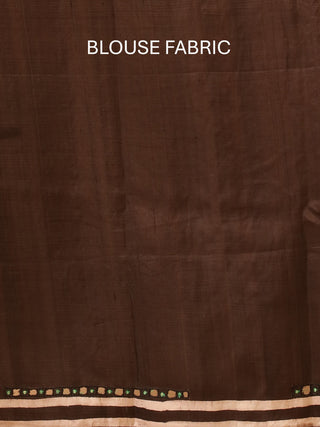Cream And Black Murshidabad Pure Silk Saree with Hand Batik & Aari Embroidery