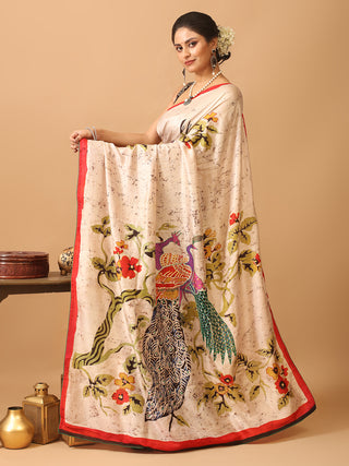 Cream And Black Murshidabad Pure Silk Saree with Hand Batik & Aari Embroidery