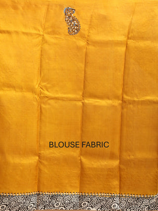 Elegant Cream Murshidabad Pure Silk Saree with Block Prints, Kantha Embroidery & Mirror Highlights