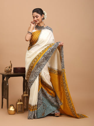 Elegant Cream Murshidabad Pure Silk Saree with Block Prints, Kantha Embroidery & Mirror Highlights