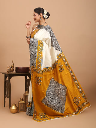 Elegant Cream Murshidabad Pure Silk Saree with Block Prints, Kantha Embroidery & Mirror Highlights