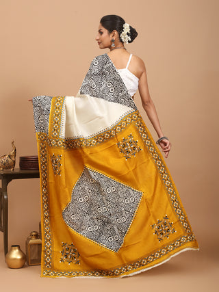 Elegant Cream Murshidabad Pure Silk Saree with Block Prints, Kantha Embroidery & Mirror Highlights