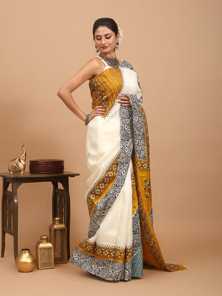 Elegant Cream Murshidabad Pure Silk Saree with Block Prints, Kantha Embroidery & Mirror Highlights
