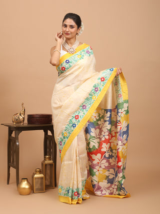 Cream Murshidabad Silk Saree with Floral Kantha Embroidery & Hand Batik-Inspired Prints