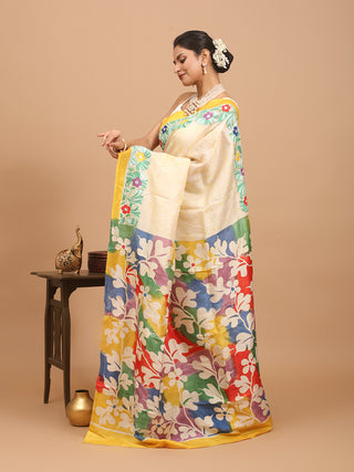 Cream Murshidabad Silk Saree with Floral Kantha Embroidery & Hand Batik-Inspired Prints