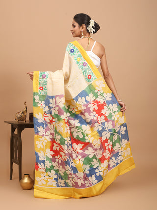 Cream Murshidabad Silk Saree with Floral Kantha Embroidery & Hand Batik-Inspired Prints