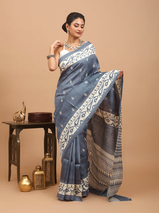 Grey Murshidabad Silk Saree with Traditional Kantha Embroidery & Dhakai Jamdani Prints