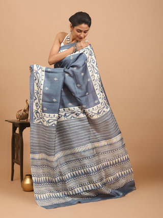 Grey Murshidabad Silk Saree with Traditional Kantha Embroidery & Dhakai Jamdani Prints