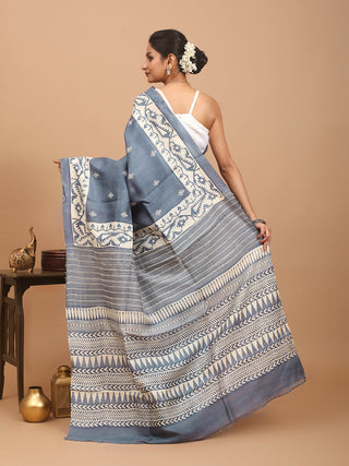 Grey Murshidabad Silk Saree with Traditional Kantha Embroidery & Dhakai Jamdani Prints