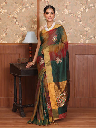 Multicolour Kanchipuram Silk Cotton Saree with Hand Zardozi & Kalamkari Appliqué Work