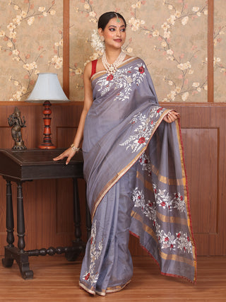 Grey Kanchipuram Silk Cotton Saree with Hand Zardozi & Intricate Hand Embroidery