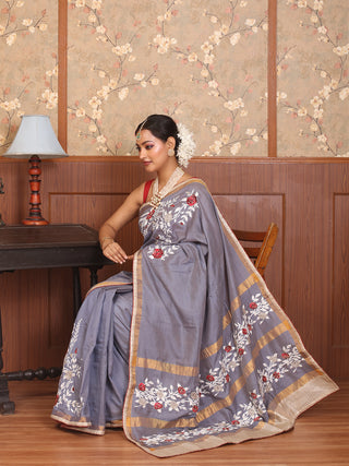 Grey Kanchipuram Silk Cotton Saree with Hand Zardozi & Intricate Hand Embroidery