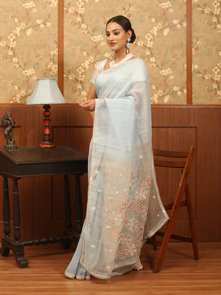 Ice Blue Silk Linen Saree with Hand Aari Embroidery and Jamdani Motifs