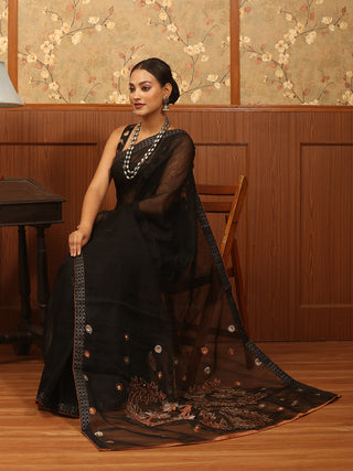 Black Silk Linen Saree with Hand Aari Embroidery and Jamdani Motifs