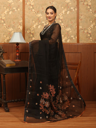 Black Silk Linen Saree with Hand Aari Embroidery and Jamdani Motifs