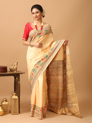 Sandal Colour Bhagalpuri Viscose Silk Saree with Kantha Embroidery And  Madhubani Hand Painted Pallu