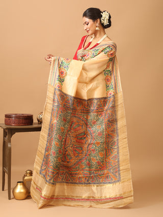Sandal Colour Bhagalpuri Viscose Silk Saree with Kantha Embroidery And  Madhubani Hand Painted Pallu
