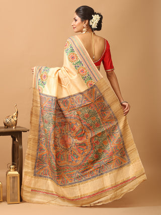 Sandal Colour Bhagalpuri Viscose Silk Saree with Kantha Embroidery And  Madhubani Hand Painted Pallu
