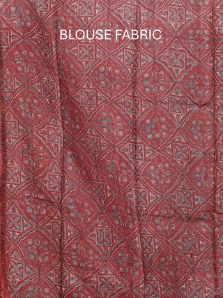 Brick Red And Light Brown Pure Tussar Silk Designer Saree with Ajrakh Print and Hand Kantha Embroidery