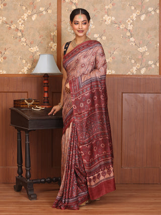 Brick Red And Light Brown Pure Tussar Silk Designer Saree with Ajrakh Print and Hand Kantha Embroidery