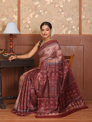 Brick Red And Light Brown Pure Tussar Silk Designer Saree with Ajrakh Print and Hand Kantha Embroidery
