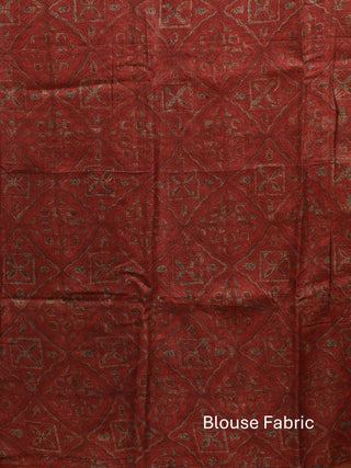 Light Brown Pure Tussar Silk Designer Saree with Ajrakh Print and Hand Kantha Embroidery