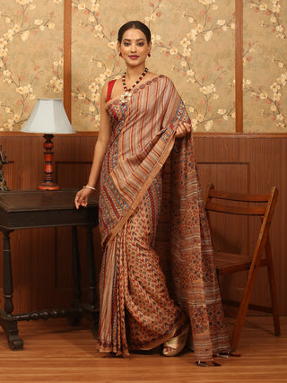 Light Brown Pure Tussar Silk Designer Saree with Ajrakh Print and Hand Kantha Embroidery