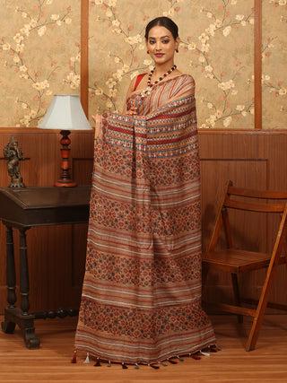 Light Brown Pure Tussar Silk Designer Saree with Ajrakh Print and Hand Kantha Embroidery