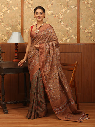 Light Brown and Grey Pure Tussar Silk Designer Saree with Ajrakh Print and Hand Kantha Embroidery