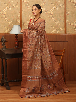 Light Brown and Grey Pure Tussar Silk Designer Saree with Ajrakh Print and Hand Kantha Embroidery