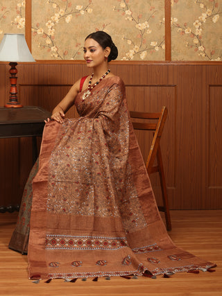 Light Brown and Grey Pure Tussar Silk Designer Saree with Ajrakh Print and Hand Kantha Embroidery
