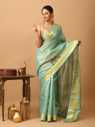 Tissue Silk Saree with Hand Aari Embroidery and Matte Gold Border