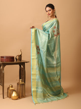 Tissue Silk Saree with Hand Aari Embroidery and Matte Gold Border