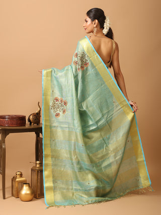 Tissue Silk Saree with Hand Aari Embroidery and Matte Gold Border