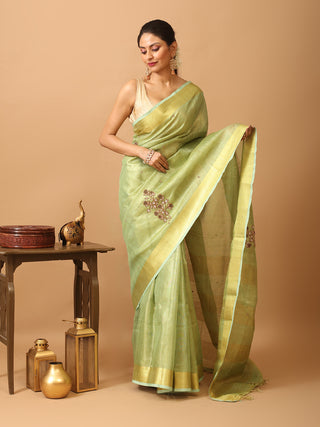 Pistachio Green Tissue Silk Saree with Hand Aari Embroidery & Matte Gold Border