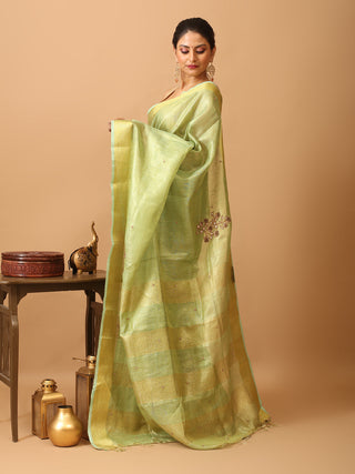 Pistachio Green Tissue Silk Saree with Hand Aari Embroidery & Matte Gold Border