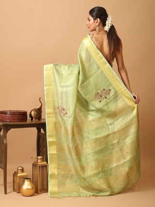 Pistachio Green Tissue Silk Saree with Hand Aari Embroidery & Matte Gold Border